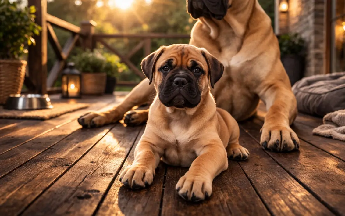 кученце Булмастиф легнало до възрастно куче на дървена веранда при залез