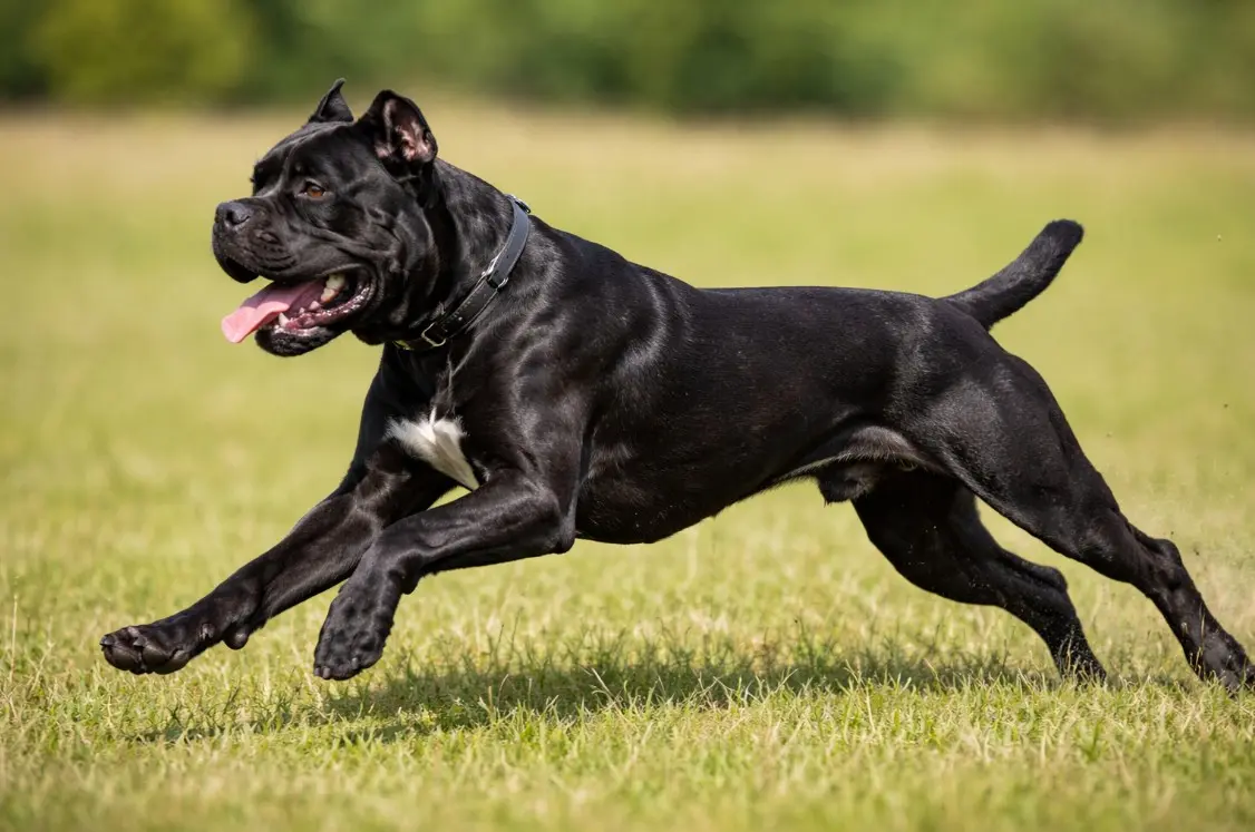 Crni Cane Corso trči po zelenoj livadi, pokazujući svoju mišićavu građu i snažan stav u kretanju
