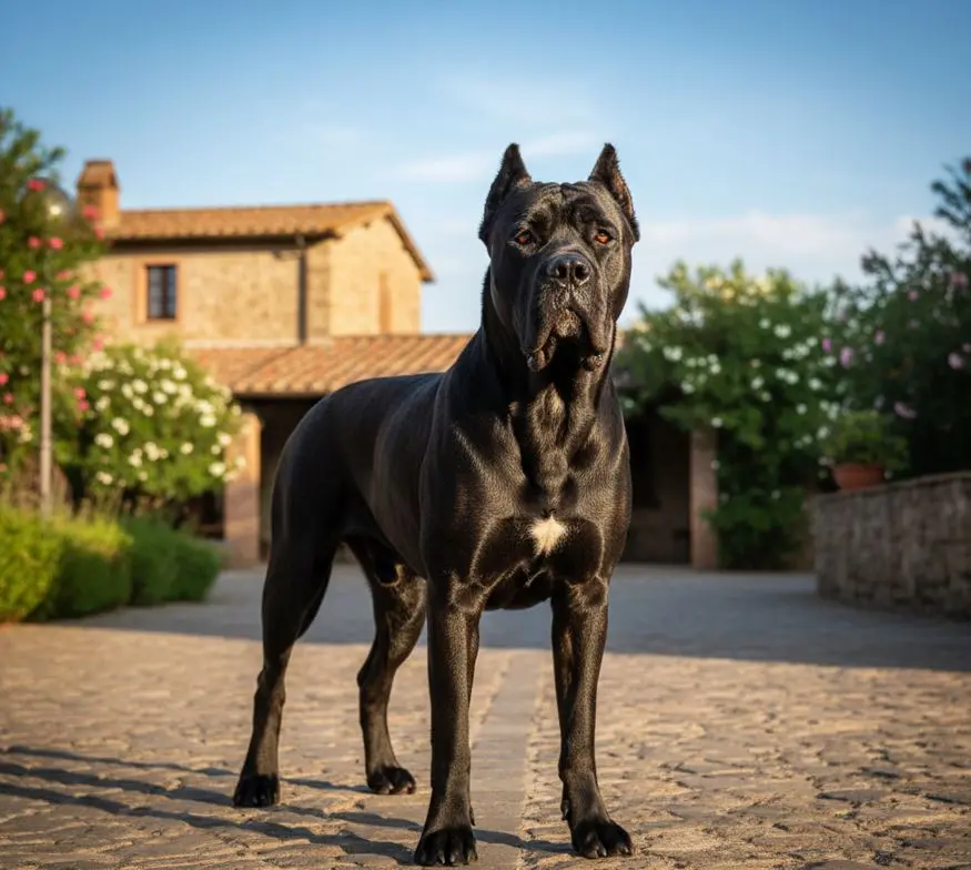 Куче Кане Корсо стои на малко пътче пред вила.