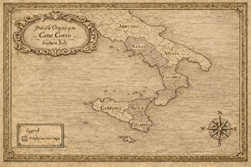 Geografska karta Južne Italije s označenim regijama podrijetla Cane Corso – Apulija, Kalabrija, Kampanija, Abruzzo i Sicilija