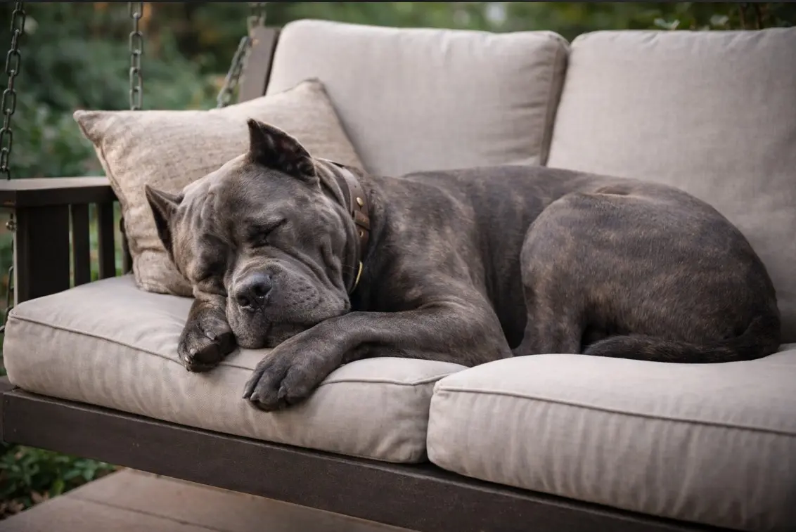 Sivi Cane Corso mirno spava na vrtnoj ljuljački s bež jastucima na verandi