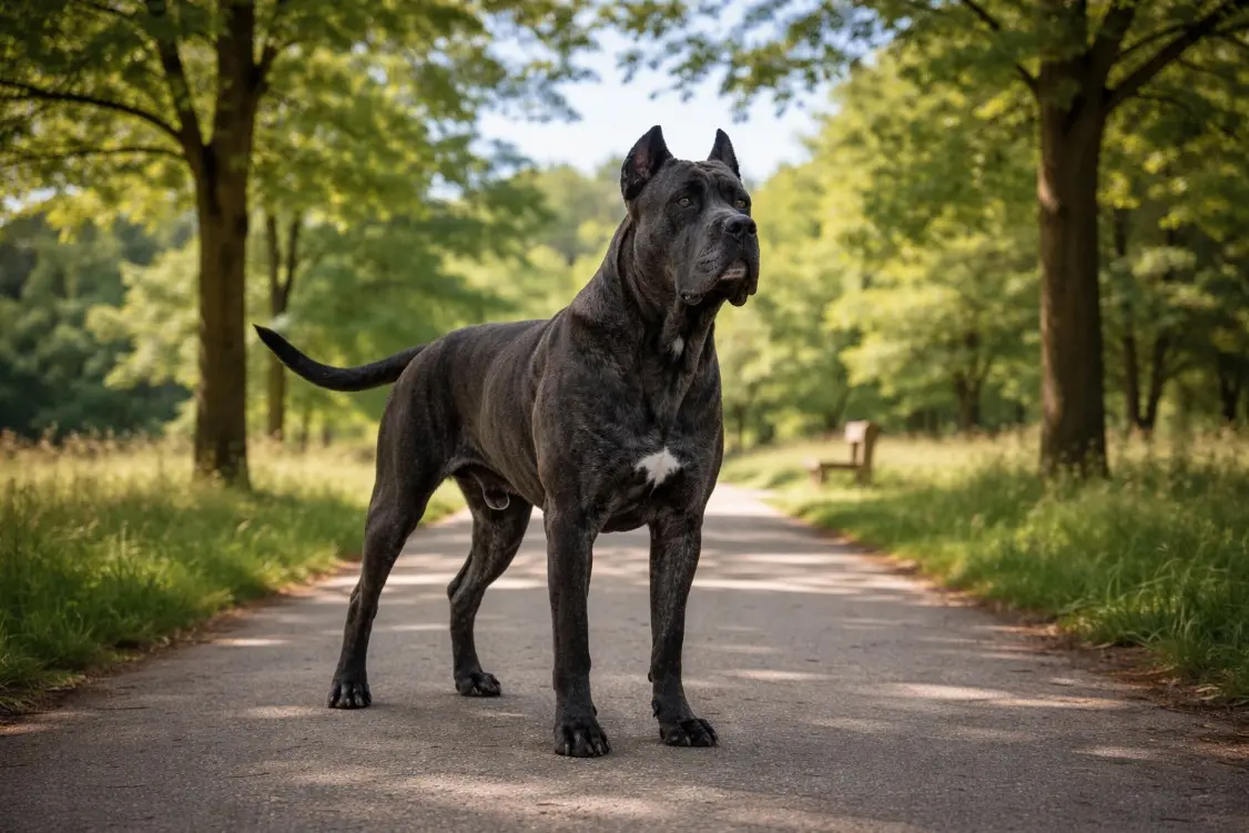 Crni Cane Corso stoji na stazi u parku, okružen zelenim drvećem, s budnim izrazom i uspravnim stavom