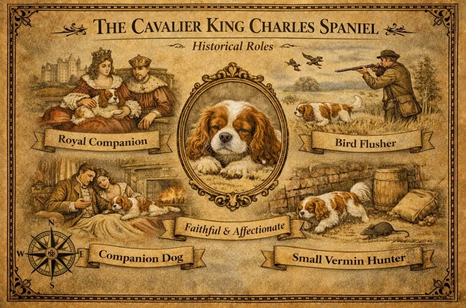 Историческа илюстрация на Кавалер Кинг Чарлз шпаньол в ролите кралски компаньон, ловец на птици и терапевтично куче