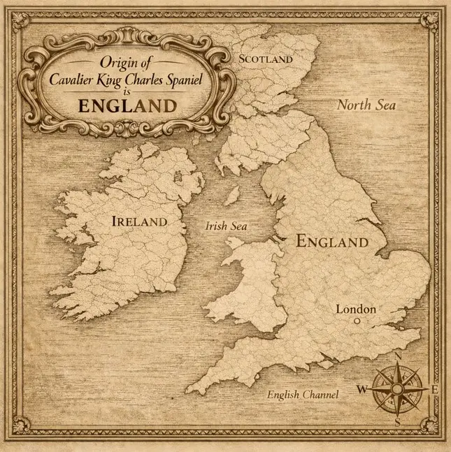 Карта на Англия показваща произхода на Кавалер Кинг Чарлз шпаньол – Великобритания