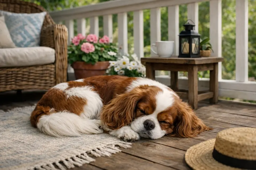 Кавалер Кинг Чарлз шпаньол спи спокойно на верандата с цветя и плетен стол – домашен живот и грижи за породата