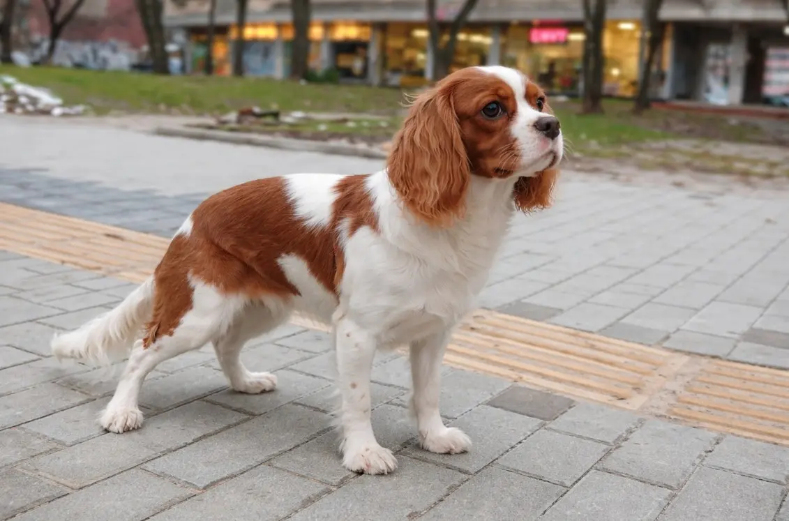 Кавалер Кинг Чарлз шпаньол стои в профил на тротоар – портрет показващ пропорциите и типичния вид на породата