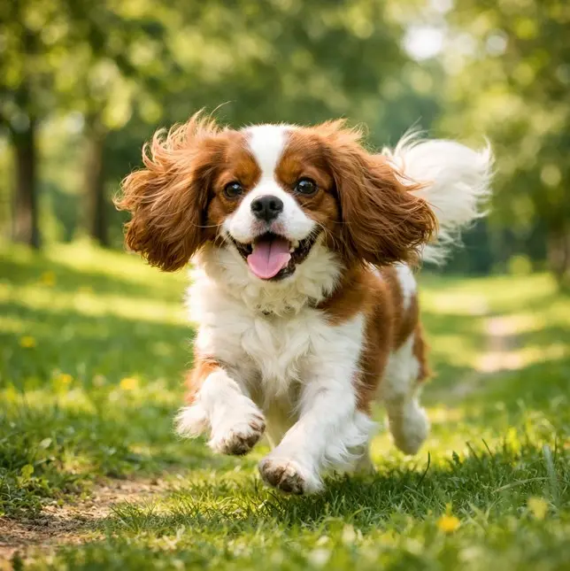 Щастлив Кавалер Кинг Чарлз шпаньол тича с вдигнати уши в зелен парк – демонстрация на енергия и позитивно настроение