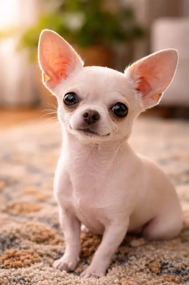 Očarljiva Čivava z bleščečimi očmi sedi na preprogi doma – tipičen buden in radoveden izraz pasme