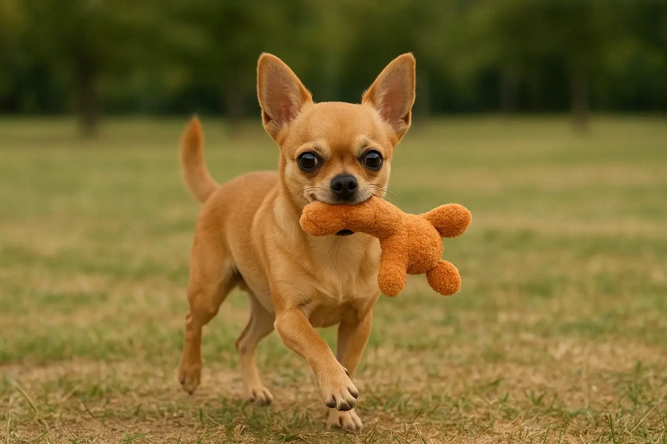 Aktivna Čivava teče po travi z igračo v ustih – tipična zmerna telesna aktivnost za pasmo