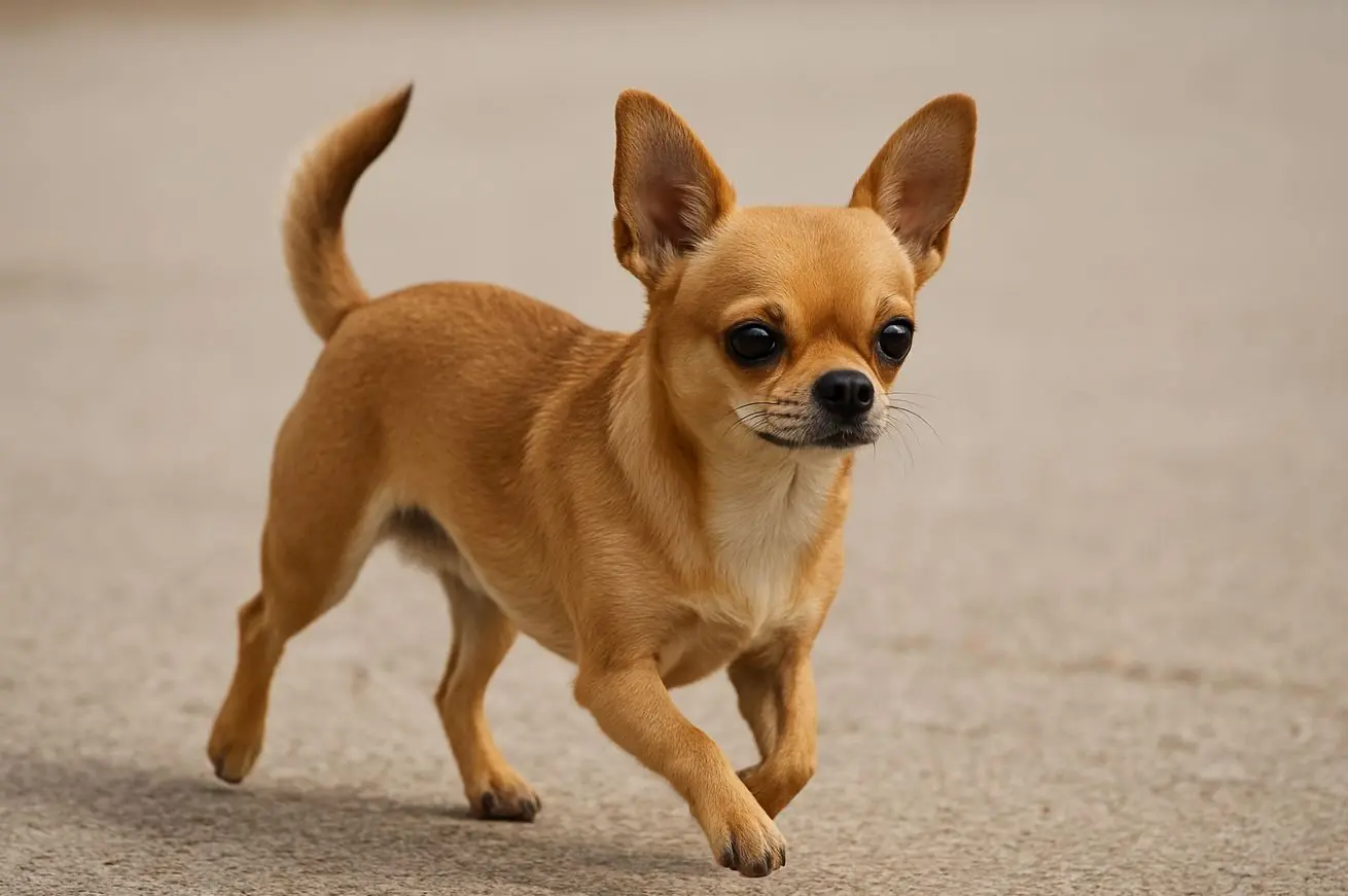 Skrbno negovana Čivava na sprehodu po ulici – gladka dlaka in zdrav videz