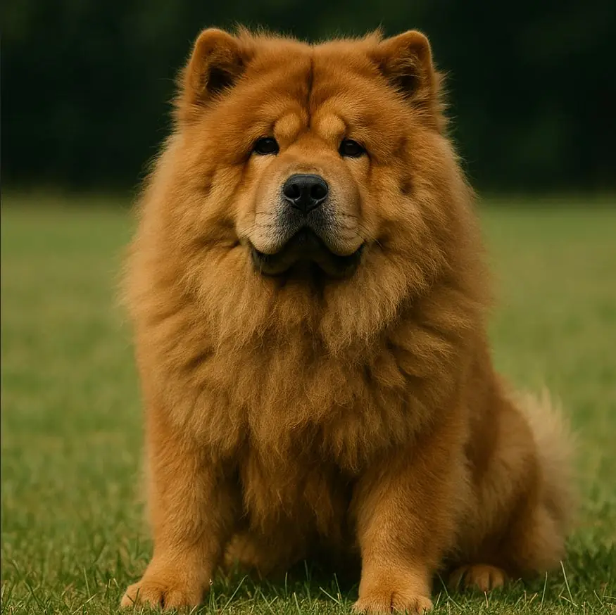 Чау чау спокойно стои на тревата.