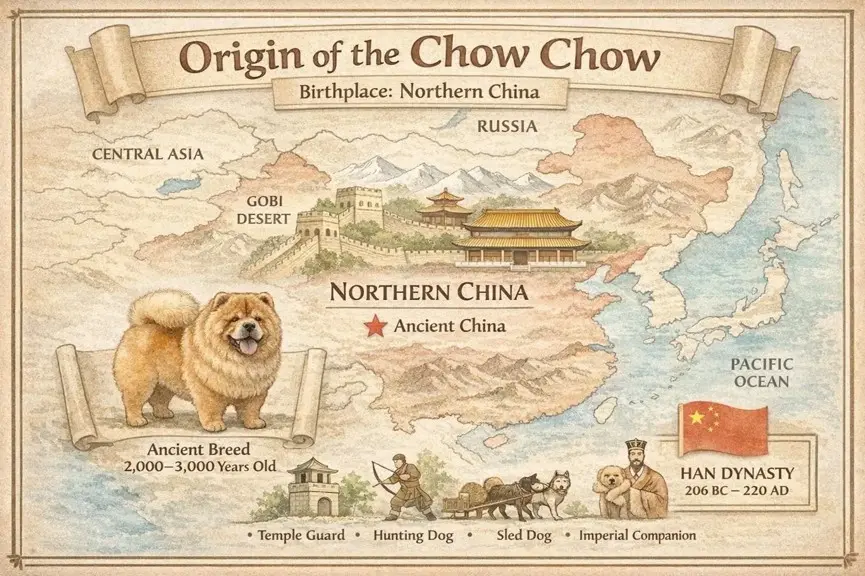 Karta podrijetla Čau čau – Sjeverna Kina, s označenom povijesnom ulogom kao hramski čuvar, lovački pas, vučni pas i carski pratitelj