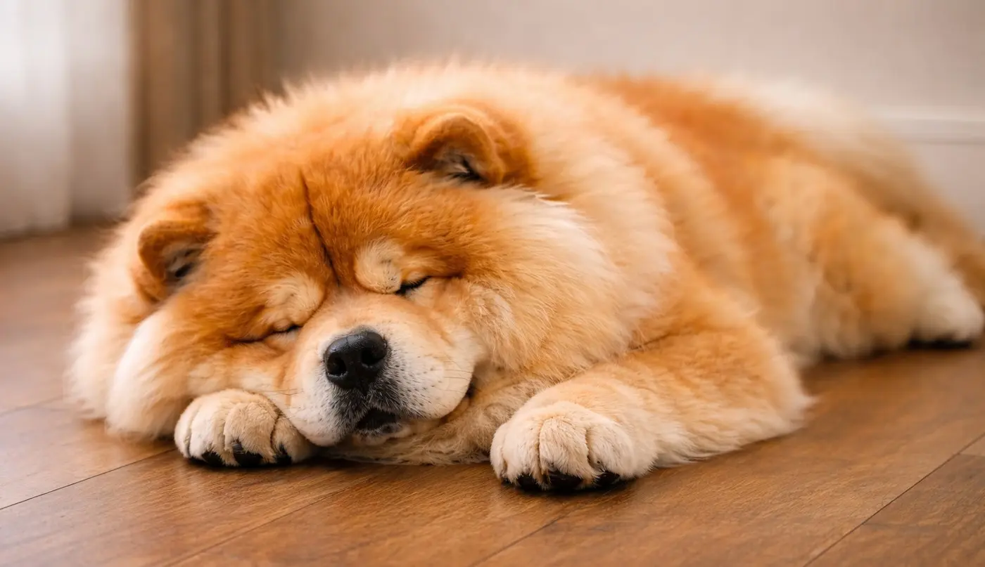 Pahuljasti Chow Chow koji spava na podu kod kuće