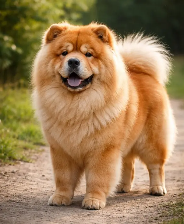 Zlatni Čau čau pas stoji na stazi u parkovnom okruženju, gleda otvorenih usta i zadovoljnog izraza
