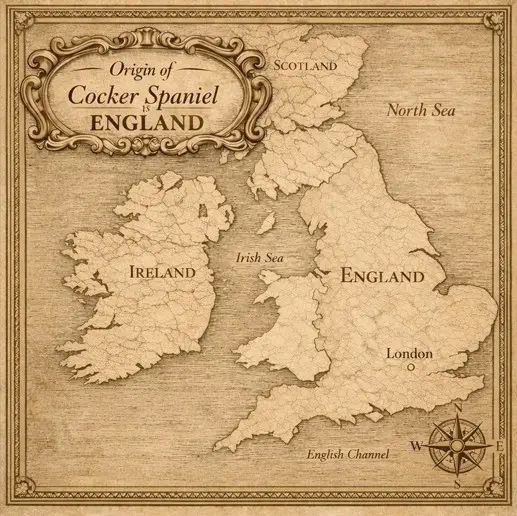 Starinski zemljevid Velike Britanije – izvor Koker španjel je v Angliji