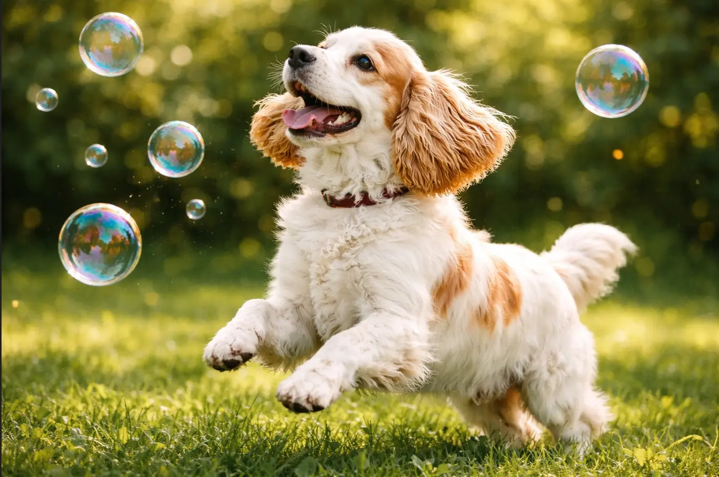 Mlad Koker španjel z belo-rjavo dlako skače in lovi milne mehurčke na travniku