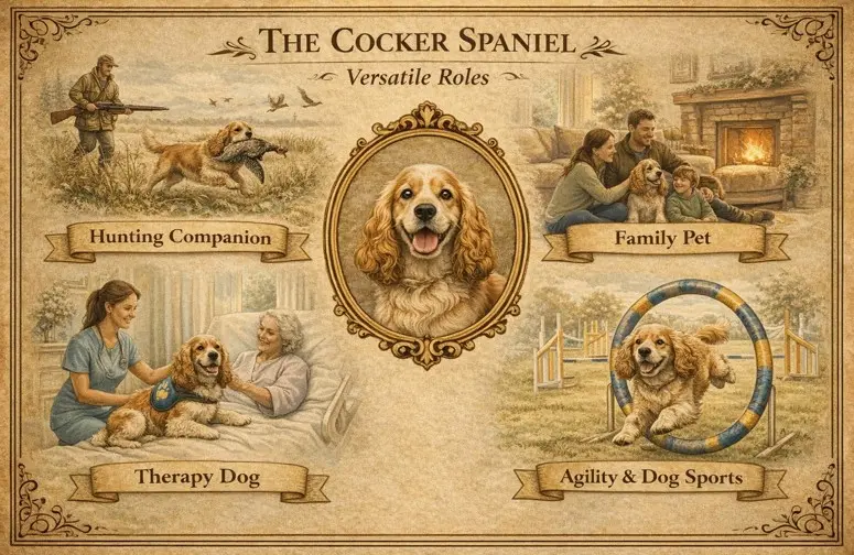 Koker španjel v štirih vlogah – lovski pomočnik, družinski ljubljenček, terapevtski pes in udeleženec agilityja