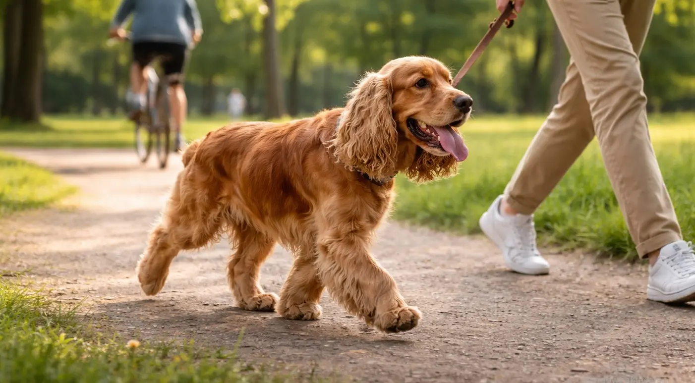Koker španjel na sprehodu v parku na povodcu
