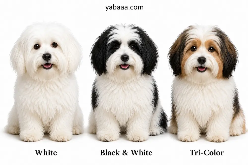 Coton de Tulear v treh barvnih različicah: bel, črno-bel in triobarvni