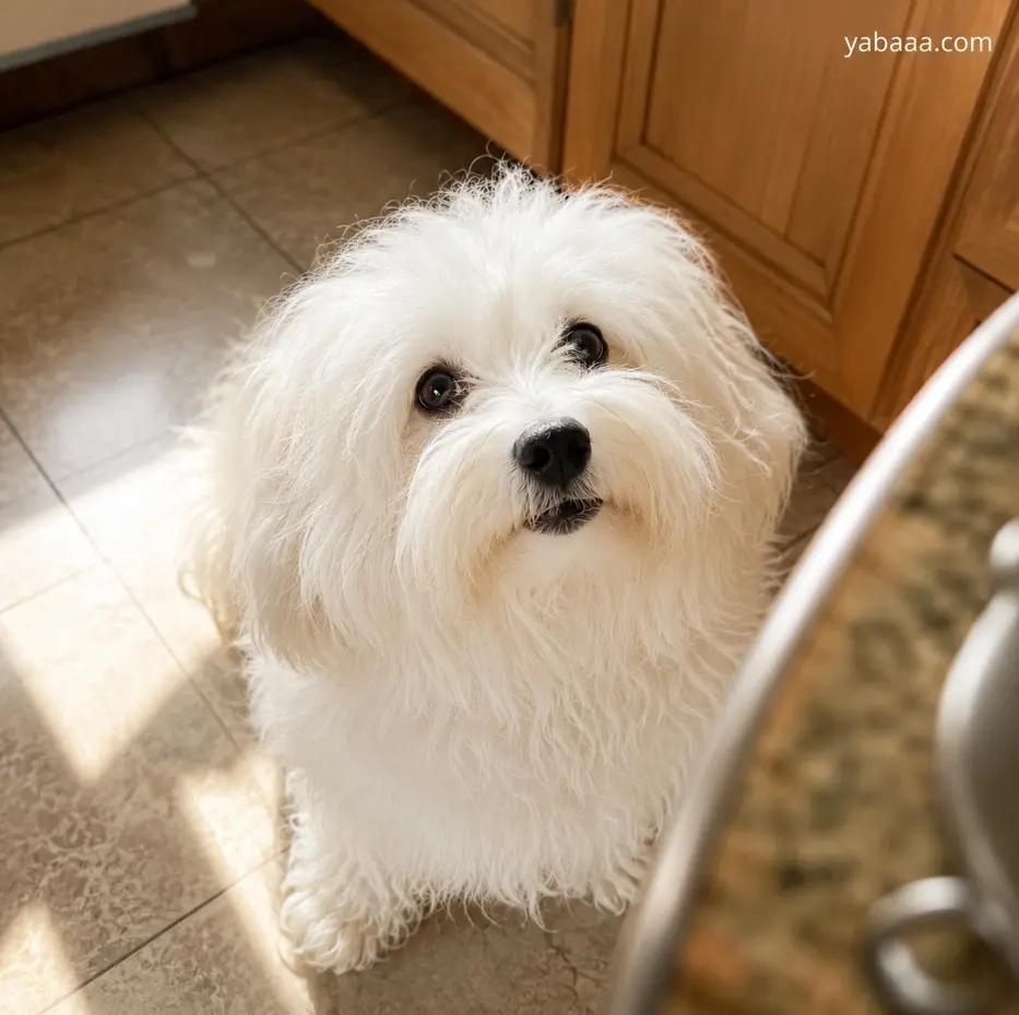 Coton de Tulear gleda navzgor v kuhinji – pes v vsakdanjem življenju