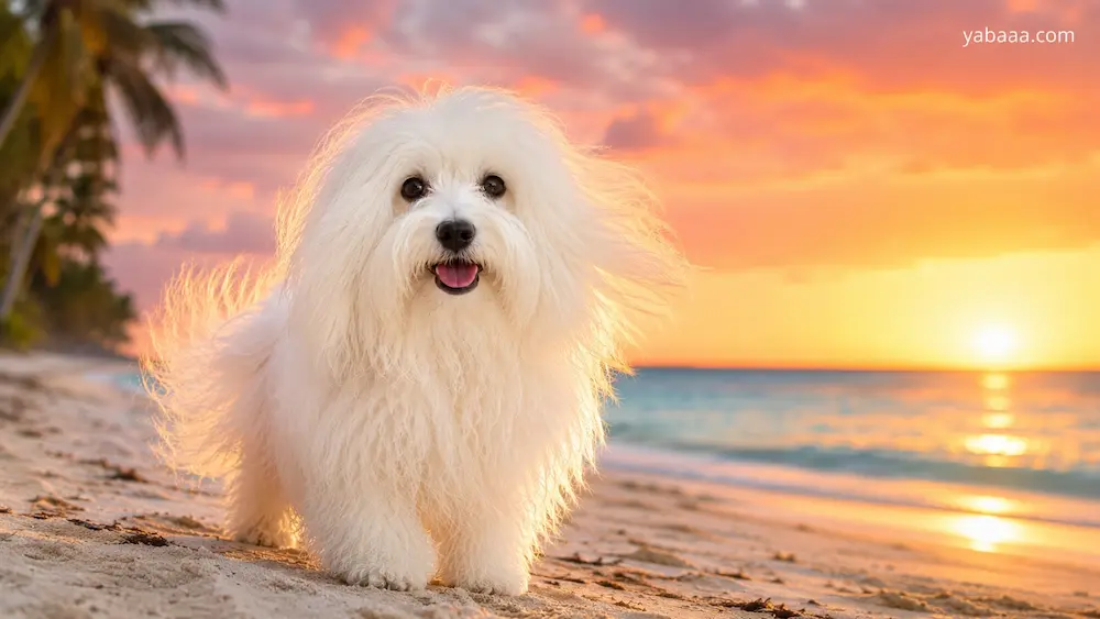 Coton de Tulear na tropski plaži ob sončnem zahodu – učinkovita in svobodoljubna pasma