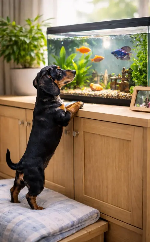 Jazbečar opazuje ribe v domačem akvariju