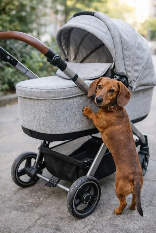 Radoveden jazbečar kuka v otroški voziček