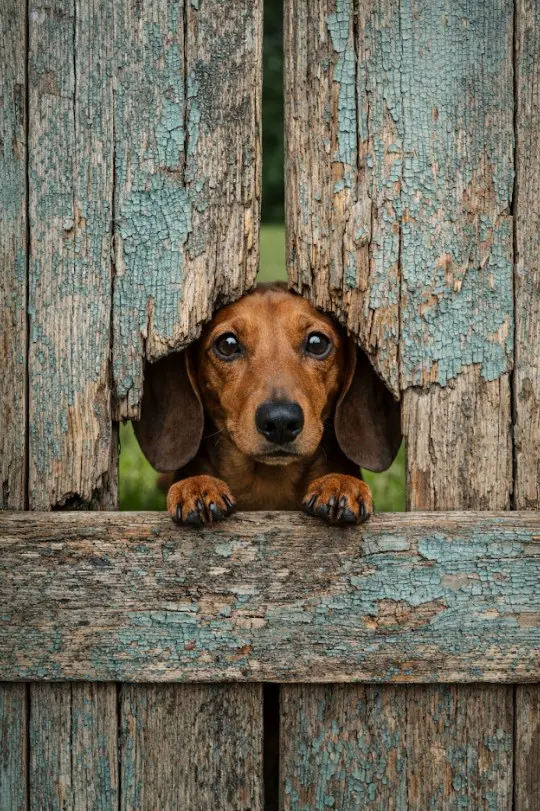 Jazbečar kuka skozi staro leseno ograjo