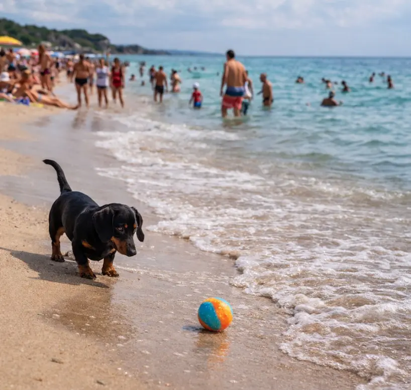 Jazbečar se igra z žogo na plaži