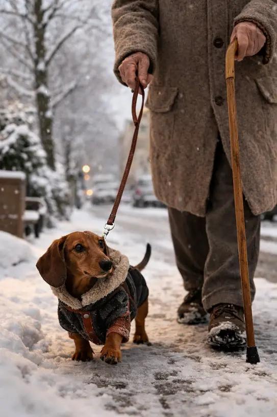 Jazbečar se sprehaja po snegu s svojim lastnikom
