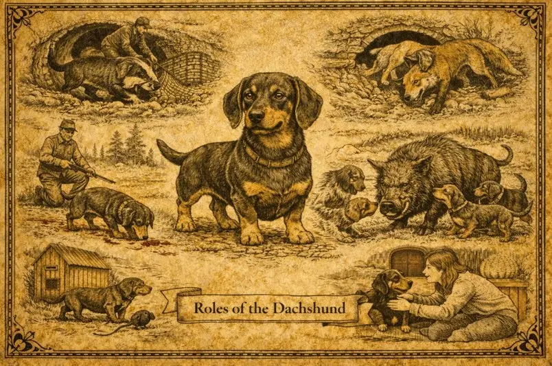 Retro gravura z različnimi vlogami jazbečarja – lov, varovanje in družba