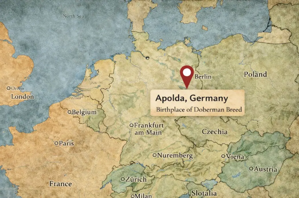 Zemljevid Nemčije z označenim mestom Apolda – rojstni kraj pasme Doberman Pinscher
