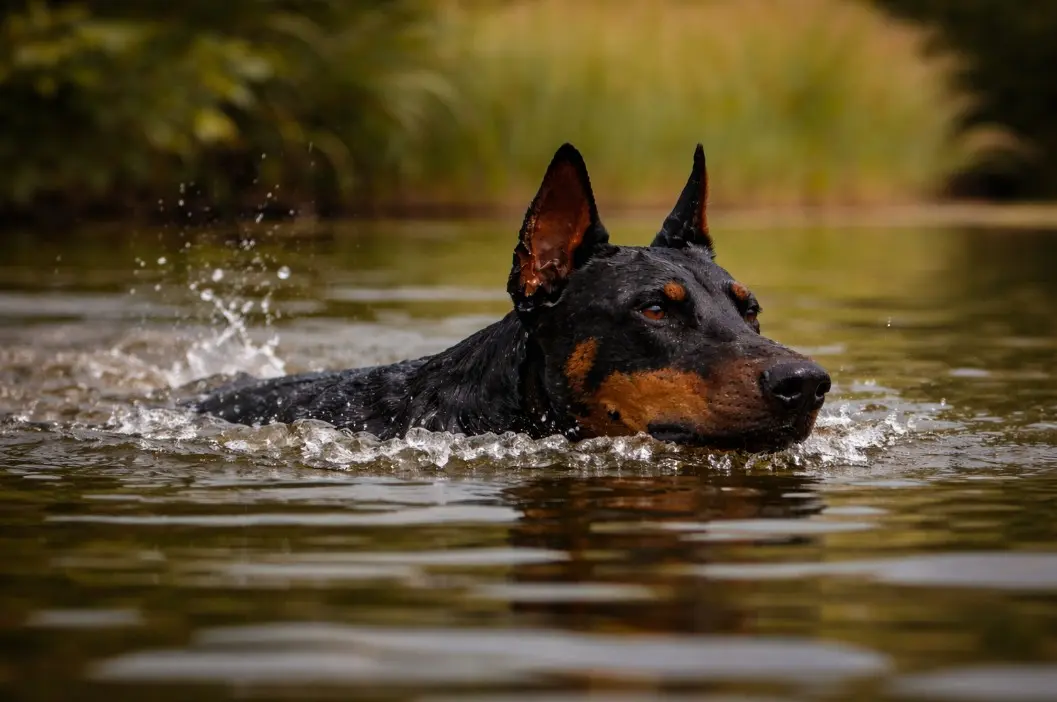 Črno-rjav Doberman Pinscher plava v naravnem vodnem telesu, z glavo nad vodo – prikaz njegove naravne ljubezni do vode
