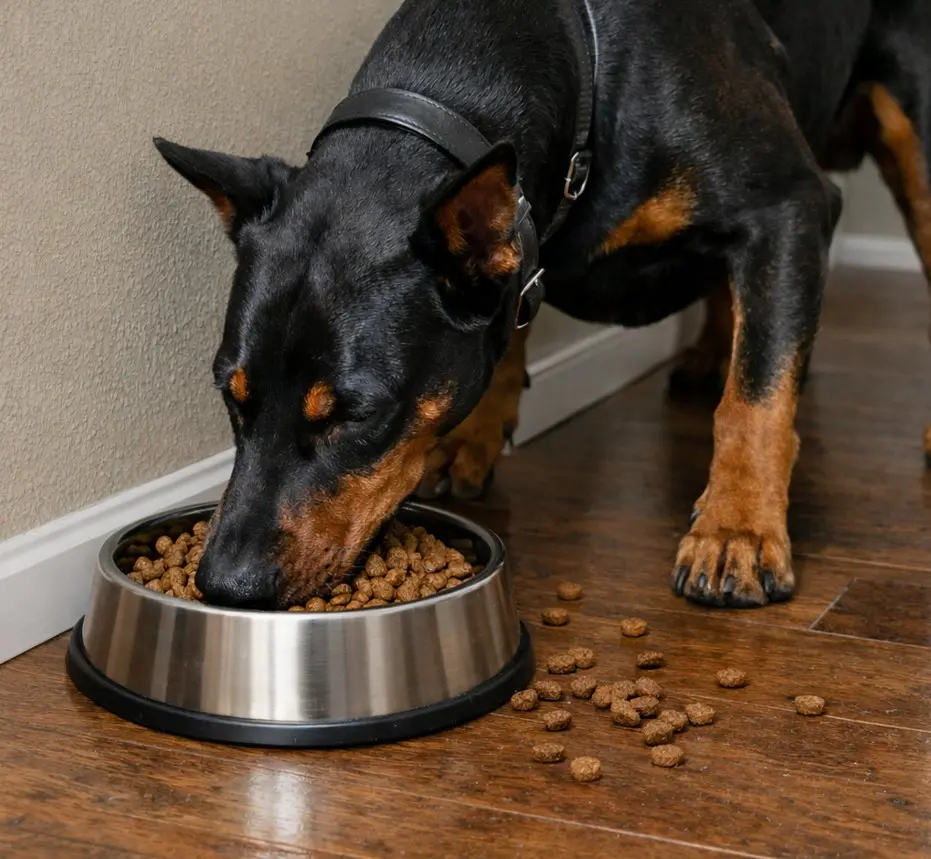 Doberman Pinscher je suho pasjo hrano iz kovinske posode v notranjem prostoru – pravilno hranjenje za zdravega in aktivnega psa