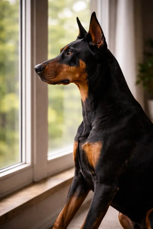 Doberman Pinscher gleda skozi okno – budnost in zaščitniški nagon