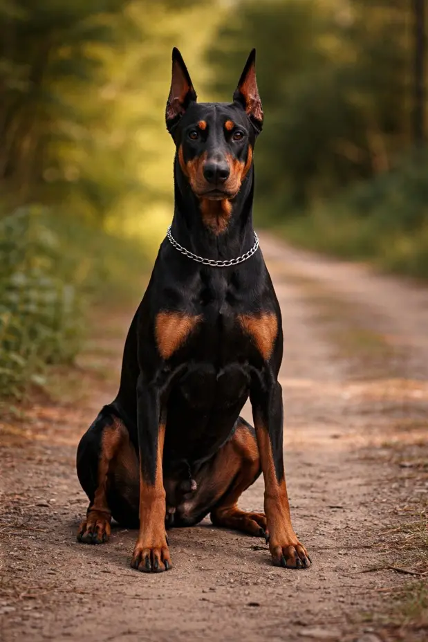 Doberman Pinscher sedi pokončno na gozdni poti in kaže svojo atletsko ter elegantno postavo