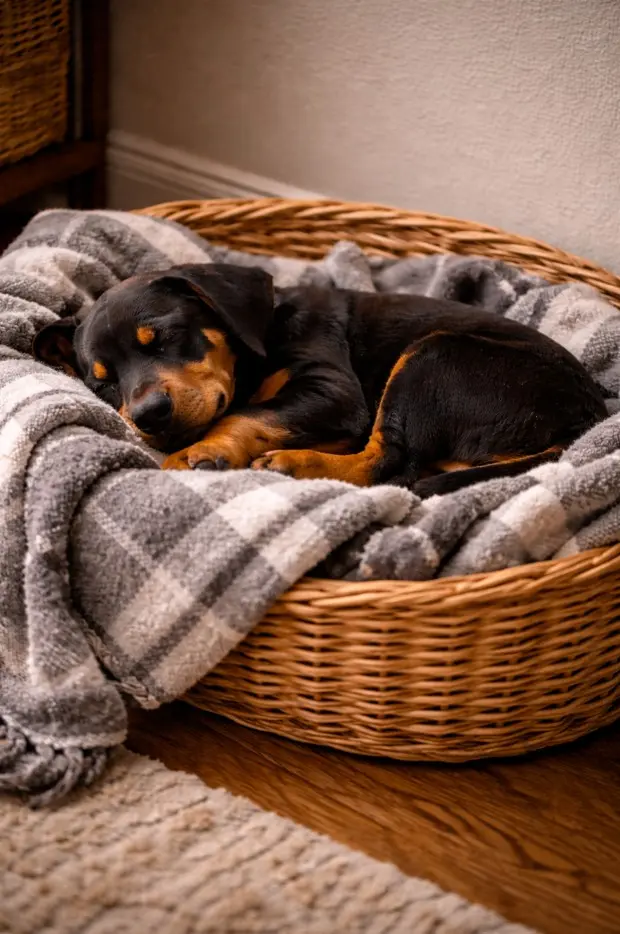 Mladiček Doberman Pinscher mirno spi v udobni pleteni košari z odejo – očarljiv trenutek iz življenja malega Doberman