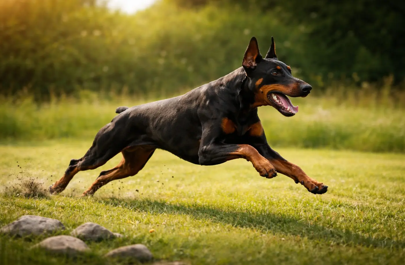 Doberman Pinscher teče s polno hitrostjo po sončnem travnatem polju