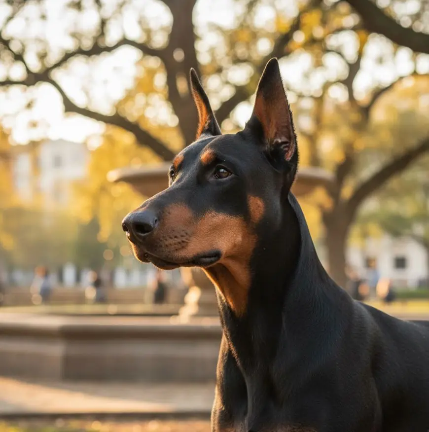 Портретна снимка на куче Доберман на открито.