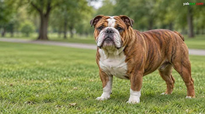 Angleški buldog tigraste barve z belimi prsmi in tacami stoji na travi v zelenem parku