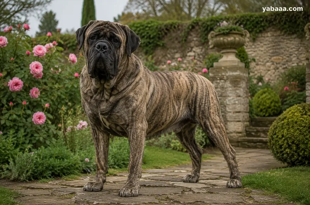 Тигрест (brindle) Английски Мастиф стои величествено в градина с рози и каменни стени
