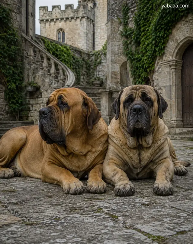 Fila Brasileiro in angleški mastif ležita v grajskem dvorišču — primerjava obeh molosoidnih pasem