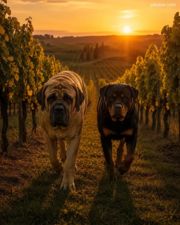 Fila Brasileiro in Rottweiler hodita skupaj v vinogradu ob sončnem zahodu — primerjava obeh varovalnyx pasem