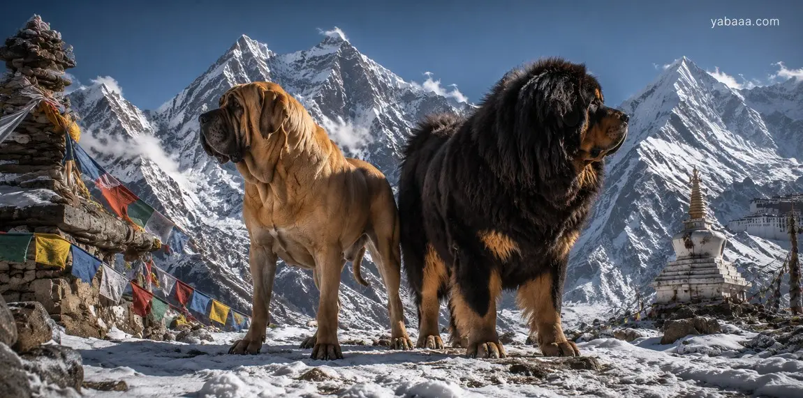 Fila Brasileiro in tibetanski mastif stojita v Himalaji z molitvenimi zastavami in zasneženim vrhovi v ozadju