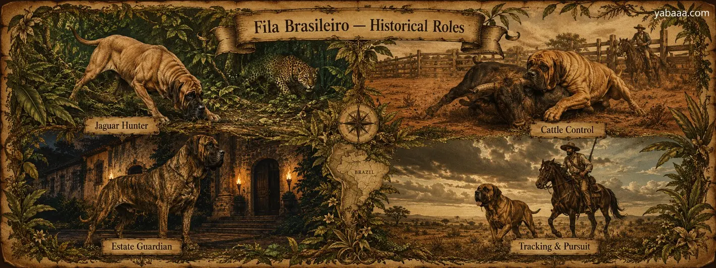 Infografika o zgodovinskih vlogah Fila Brasileiro: lovec na jaguarje, nadzor živine, varovanje posesti in sledenje
