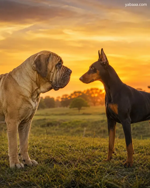 Fila Brasileiro in Doberman Pinscher stojita drug nasproti drugemu ob sončnem zahodu — primerjava obeh varovalnyx pasem