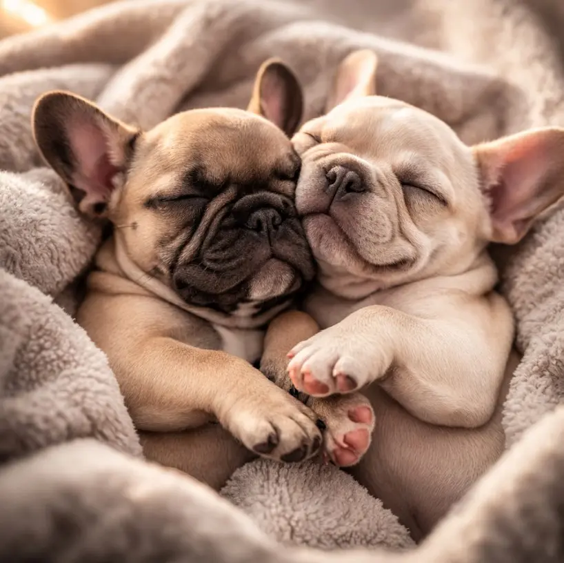 Dva šteneta francuskog buldoga koja spavaju zagrljena na mekoj plahti