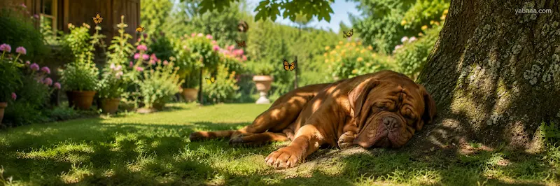 Bordojska doga počiva v senci drevesa v cvetličnem vrtu z metulji okoli nje