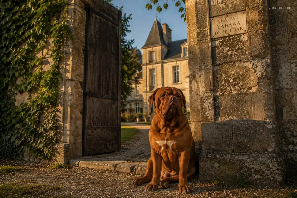 Bordoška doga pred Château Yabaaa de Bulgar — Francuski mastif sjedi pred ulazom u francuski dvorac