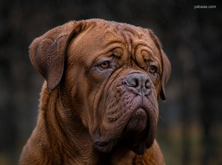 Portret Bordoške doge u kiši — krupni plan naboranog lica Francuskog mastifa s kišnim kapima